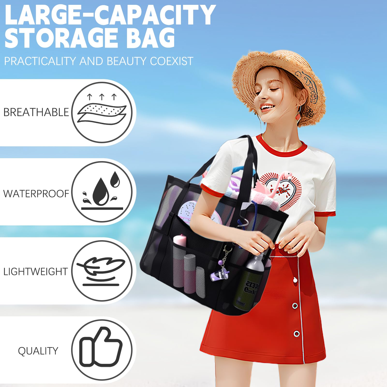 CIYIN Borsa spiaggia in Rete Donna, Borsa da Spiaggia da Donna XXL Famiglia,Borsa da Doccia,Leggera e Traspirante per Piscina, Vacanze & Spiaggia (43 * 21 * 39 cm)