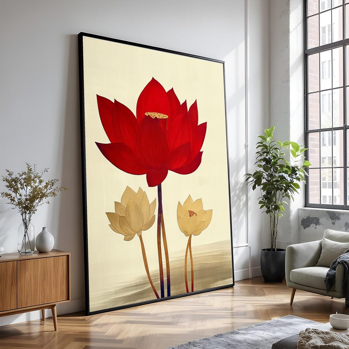 XINBAO Obraz na płótnie z czerwonymi i beżowymi kwiatami lotosu, kwiatowy nadruk botaniczny, dekoracja mieszkania Zen, uspokajająca ilustracja roślin (60 x 80 cm/rama wewnętrzna)