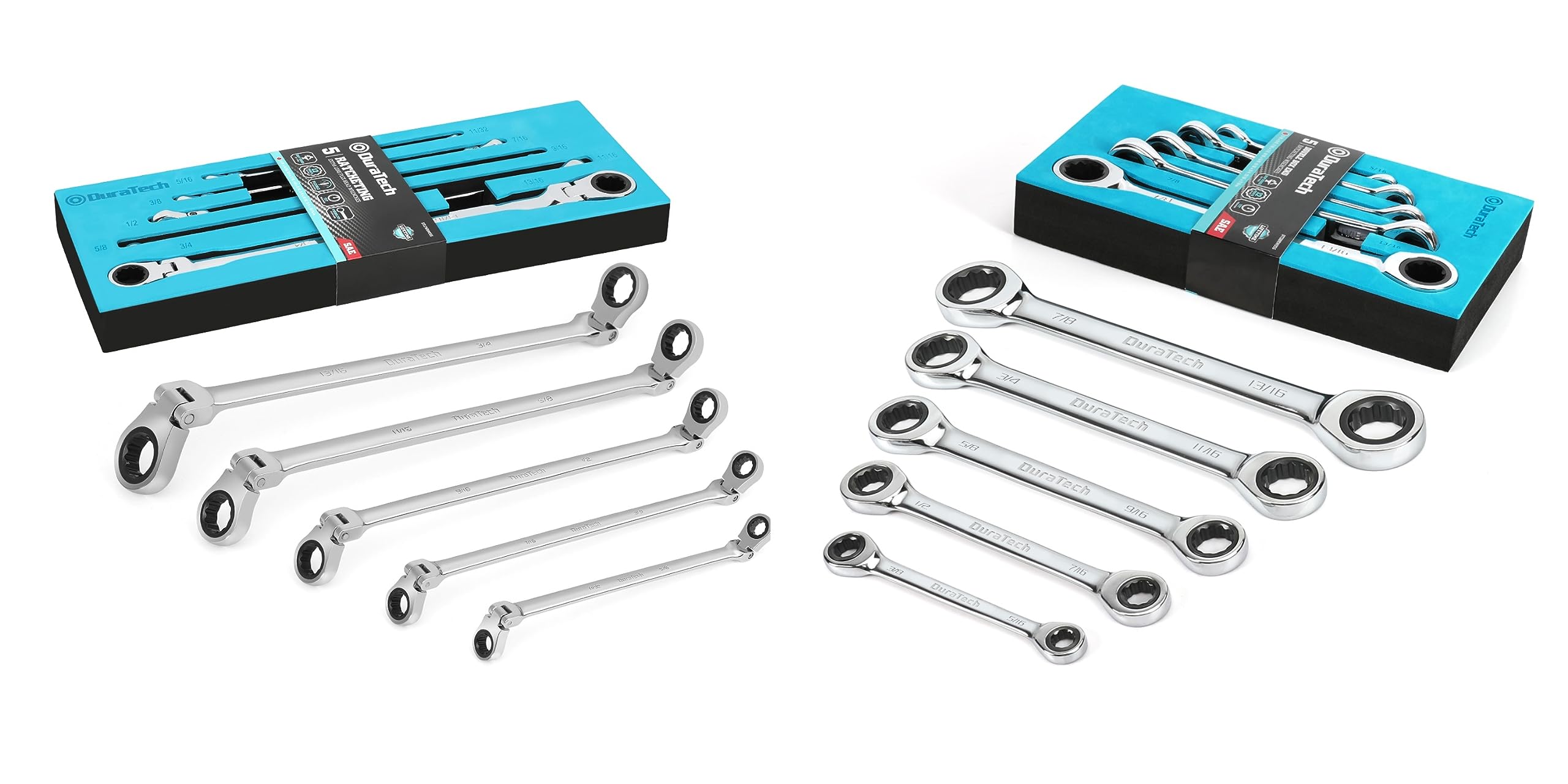 DURATECH Extra Long Flex-Head Ratcheting Wrench Set and Double Box End Ratcheting Wrench Set, 5-Piece, CR-V Steel, with EVA Foam Tool Organizer