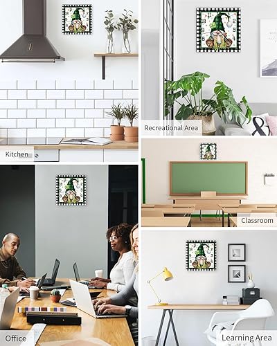 Miniatura 5 de St. Patrick's Day Wooden Wall Clock Silent Non Ticking, Green Clover Gnomes Black White Plaid Square Wall Clock Battery Operated, Decor Clock for