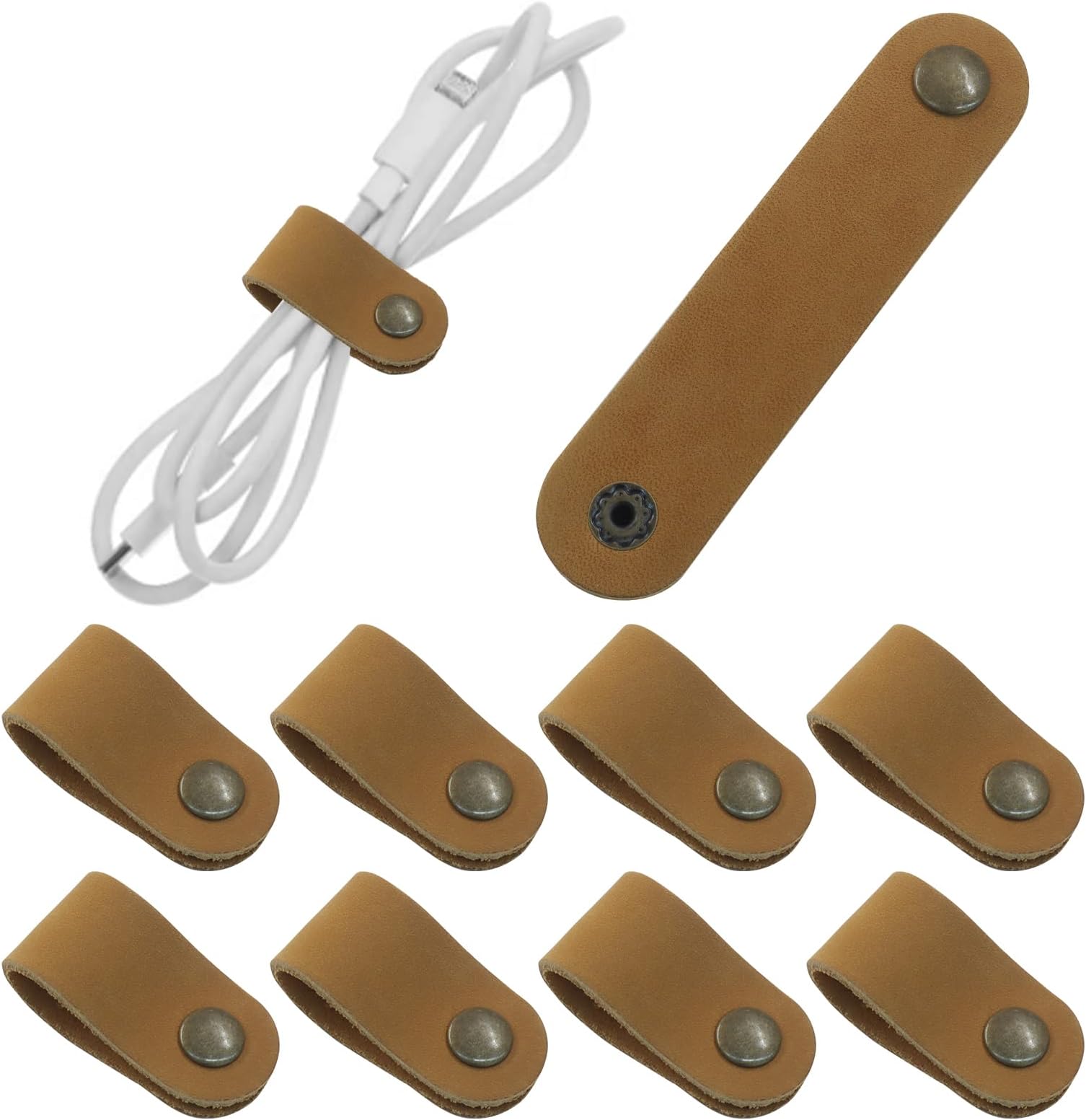 10pcs Leather Cord Organizer Straps with Snap Closure - Cable Management Keeper Reusable for Charging Cables, Power Cords, USB, Headphones, Travel & Gift(Camel Color)