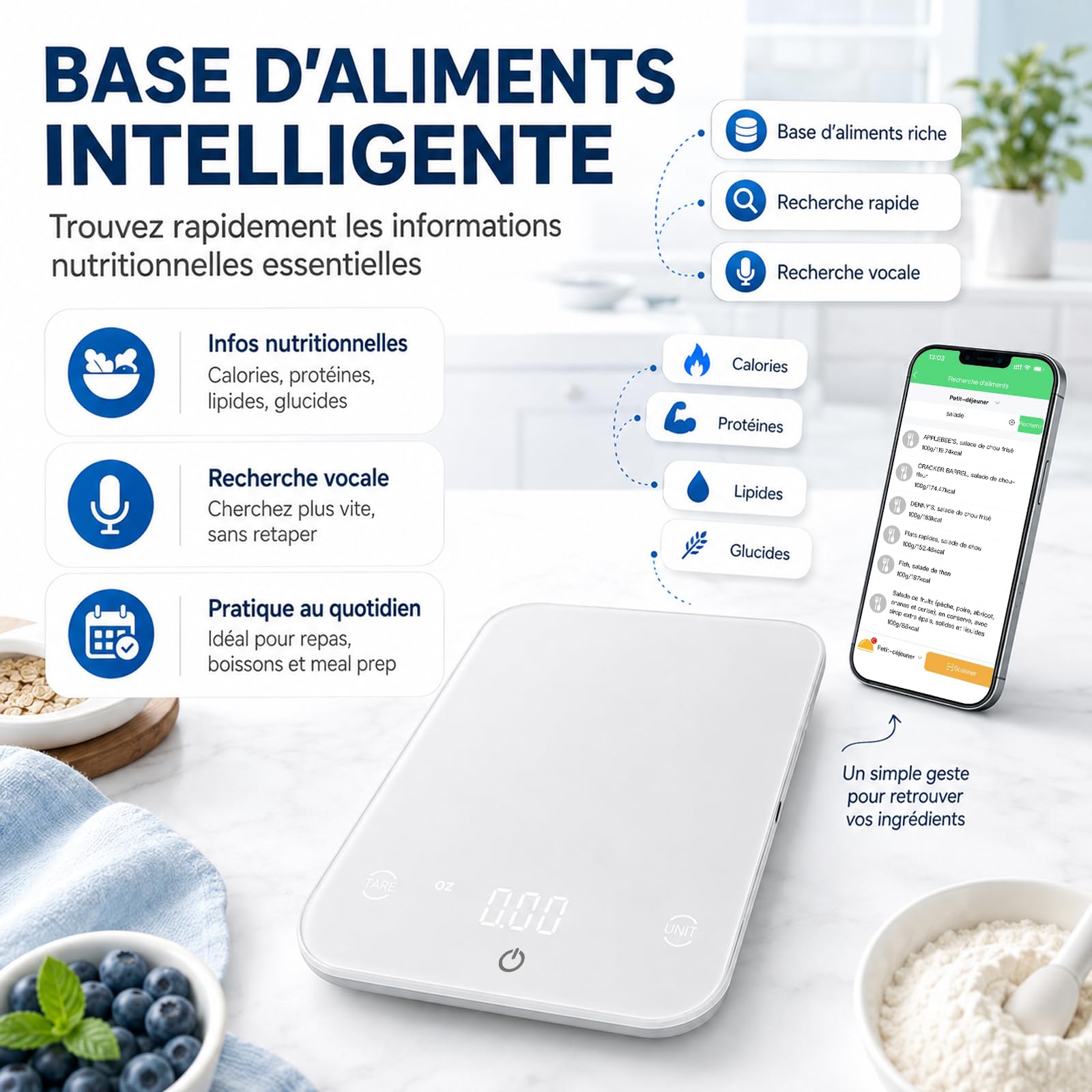 Balance de cuisine intelligente à valeur nutritive – Capacité de pesée : 10 kg – Division : 0,1 g – Bluetooth 5.0 – Mini-programme – Scan de code-barres – Plateau en verre trempé