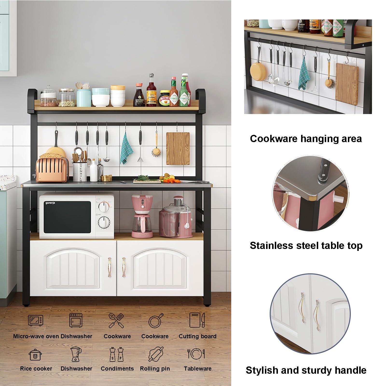 CMYAOYC Küchen Bäckerregal mit Arbeitsplatte, Offenes Regal und Aufbewahrungsschrank für Zuhause, Küche und Esszimmer, 4-Stufiger Küchenregal Arbeitsplatte mit 8 Haken (Color : Black Frame+Black, SI Gewerbe, Industrie & Wissenschaft