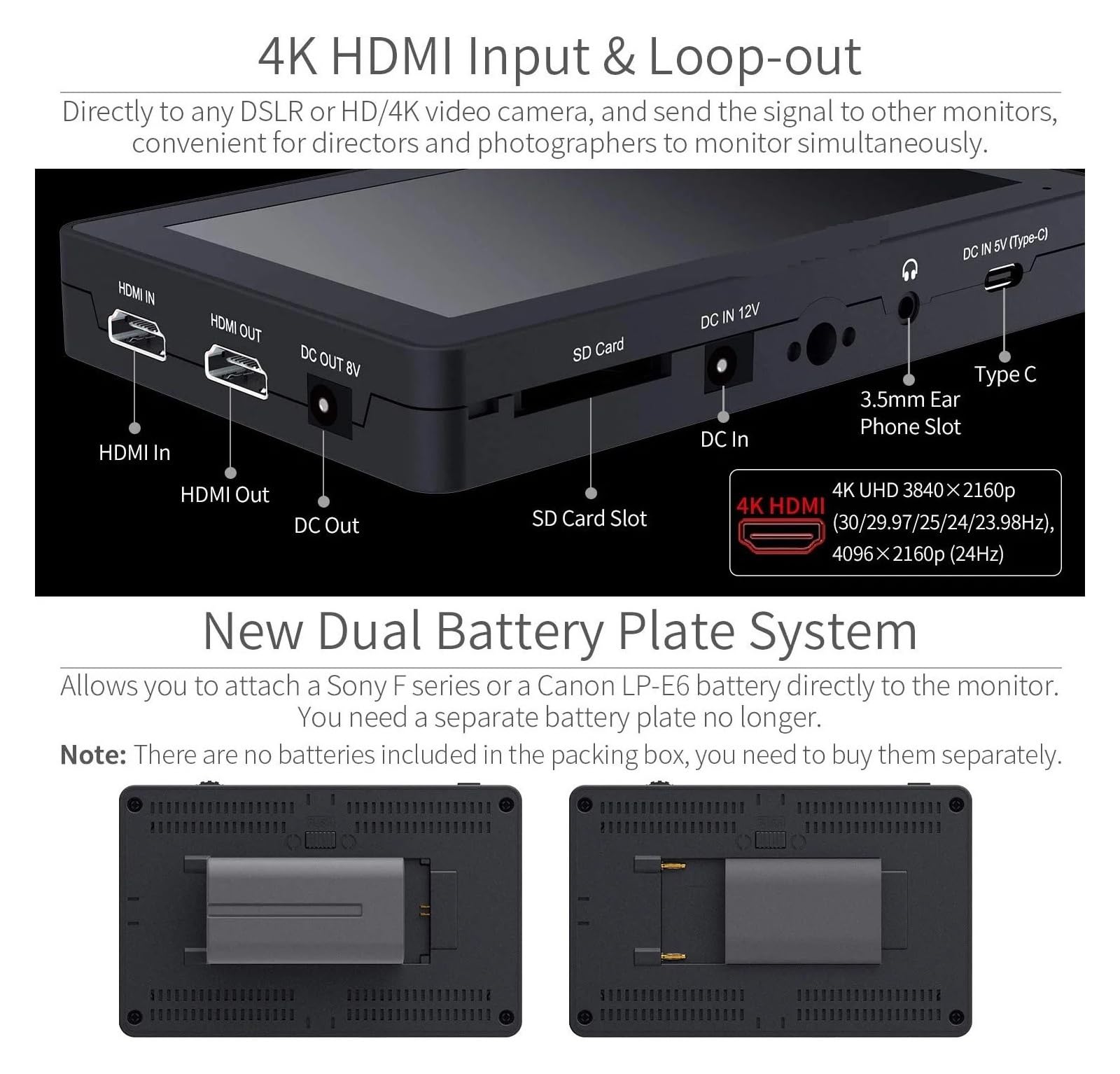 Moniteur de Terrain pour caméra Moniteur F6 Plus V2 4K 6 Pouces sur caméra Moniteur de Terrain DSLR 3D LUT écran Tactile IPS FHD 1920x1080 caméra vidéo Image Plus détaillée