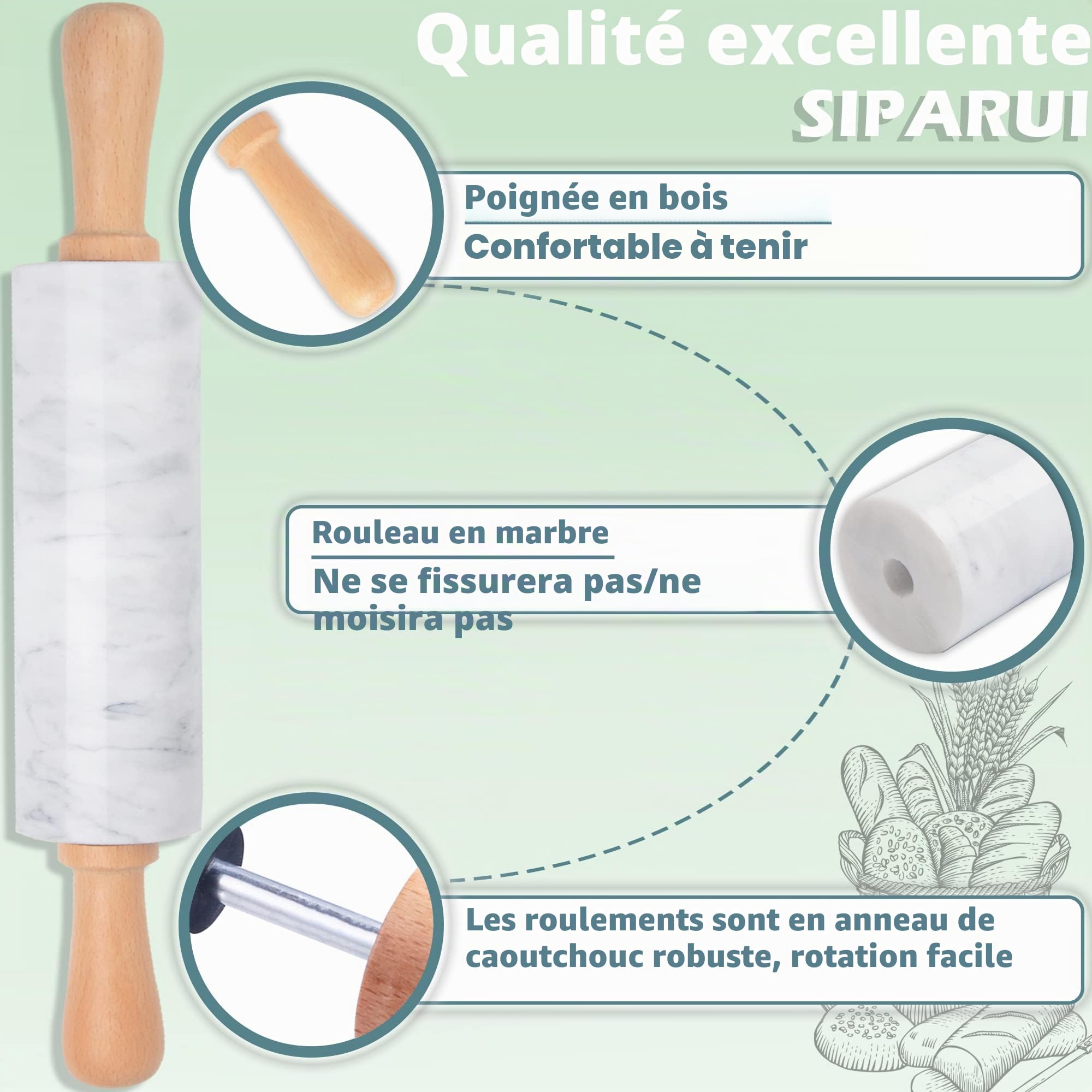 Rouleau à pâtisserie en marbre avec support en bois épais pour pâtisserie, 47 cm, rouleau poli de qualité supérieure pour pâte à pizza, fondant, pâte à tarte, surface antiadhésive, facile à nettoyer