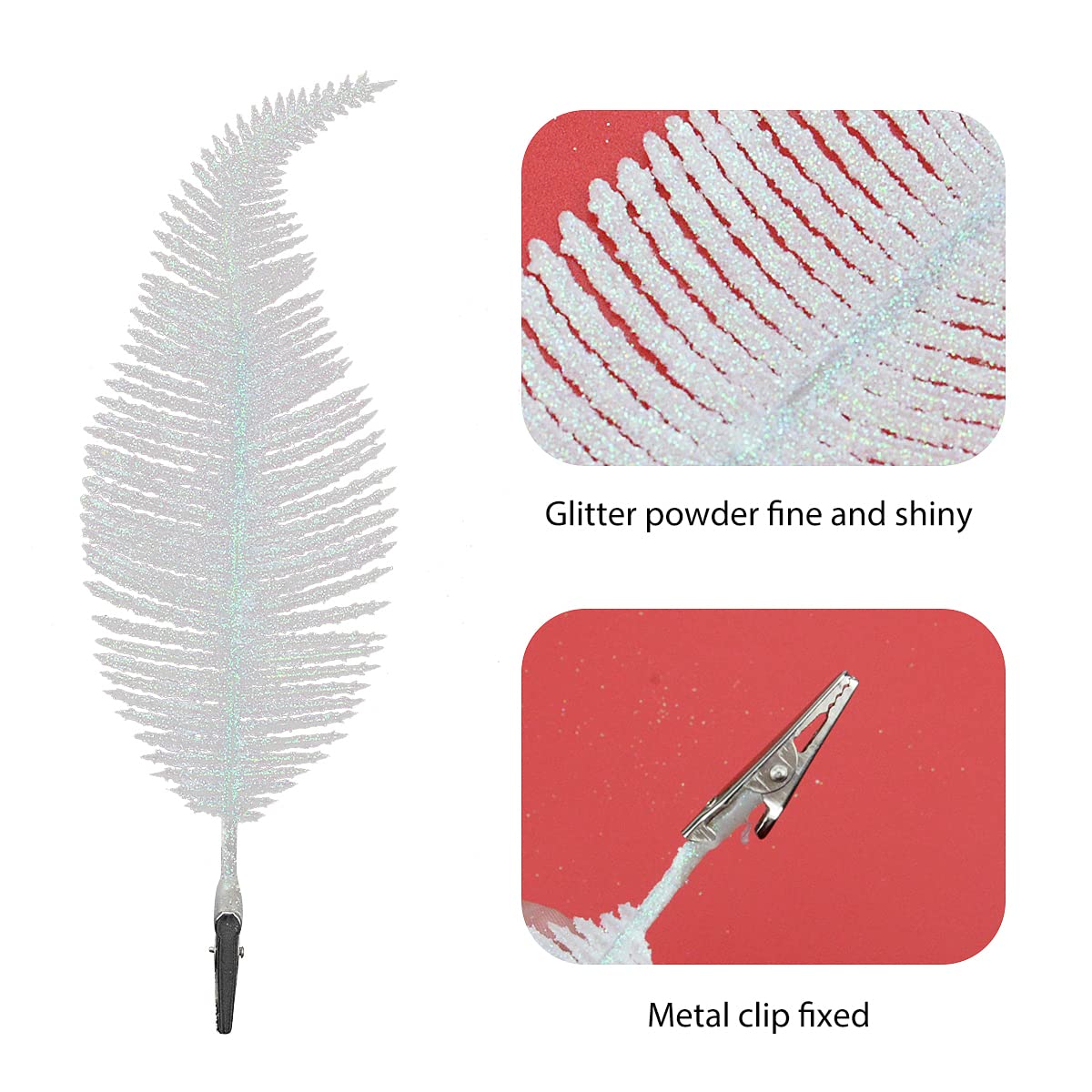 6PCS White Christmas Glitter Feathers Christmas Tree Baubles 8.7 Inch Christmas Tree Feathers Christmas Decoration Baubles Clip on Feather Decoration Glittery Ornament Baubles Christmas Family Décor - Image 3