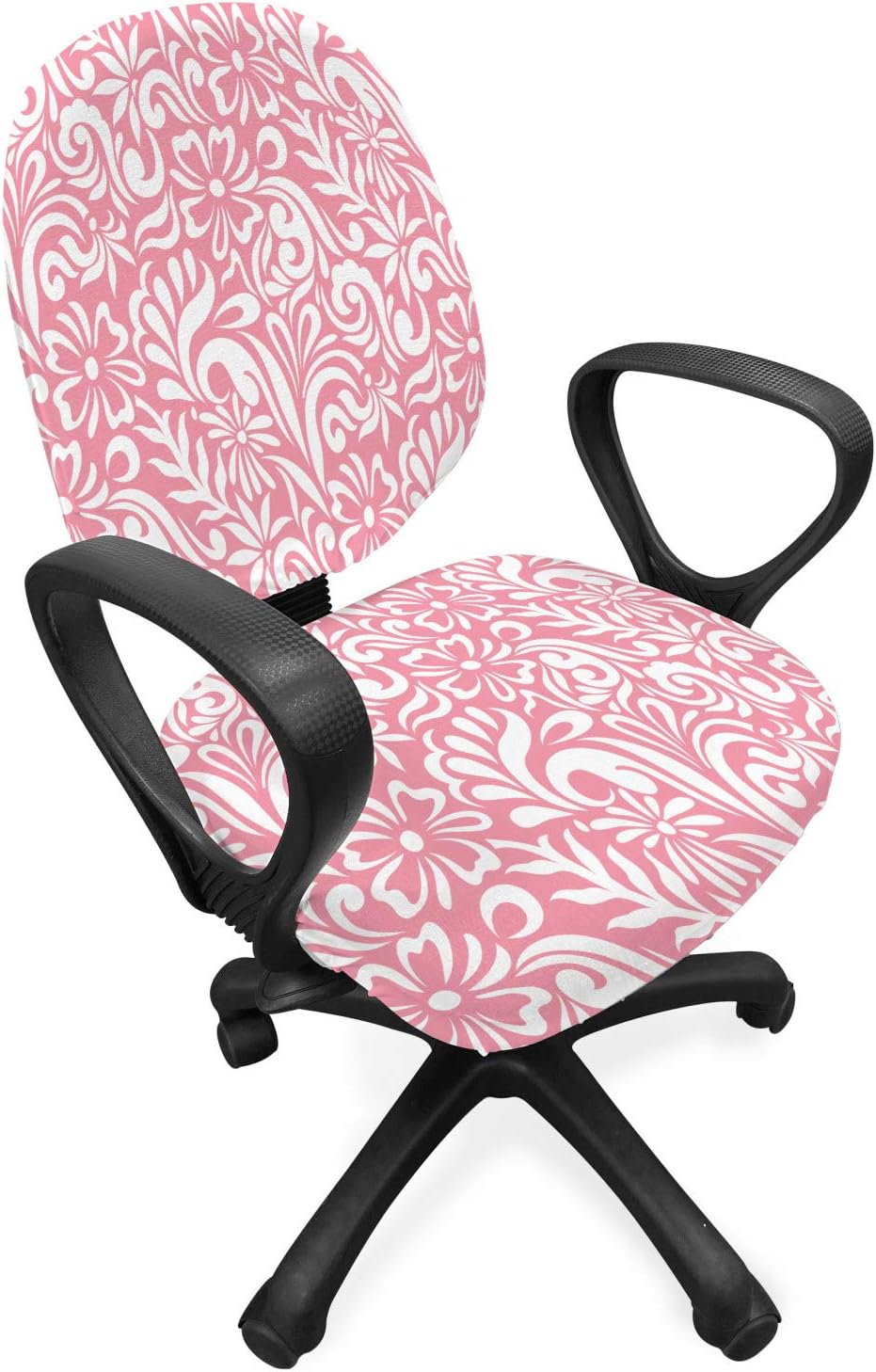 Ambesonne Pink Damask Office Chair Slipcover, Monochrome Simplistic Romantic Cartoon Flowers Leaves Continuous Pattern, Protective Stretch Decorative Fabric Cover, Standard Size, White Pink