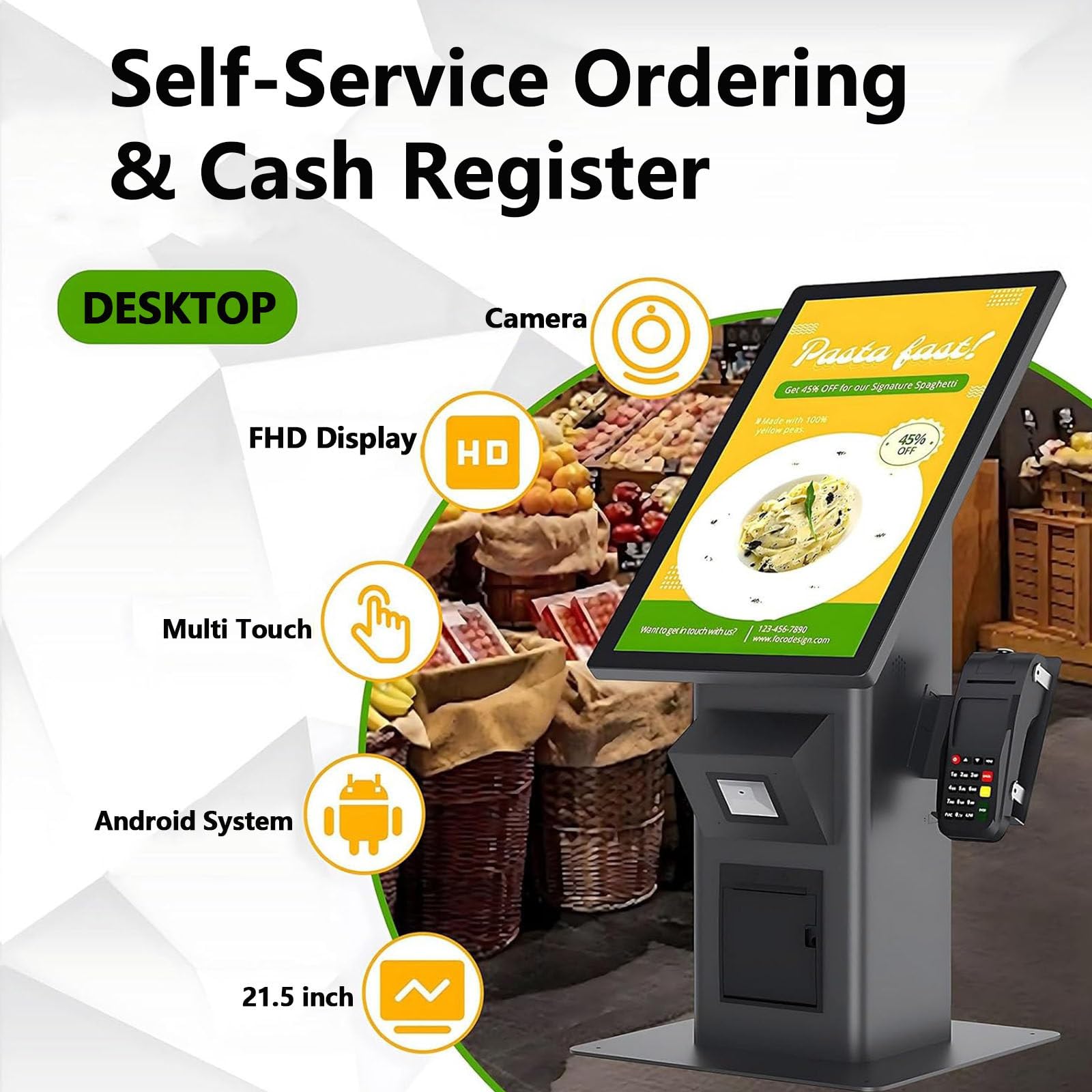 Caisse Libre-Service,Kiosque Commande Restauration Rapide 21,5" | avec Écran Tactile,Borne de Commande Tactile,Imprimante Thermique et Affichage Numérique pour Restaurants