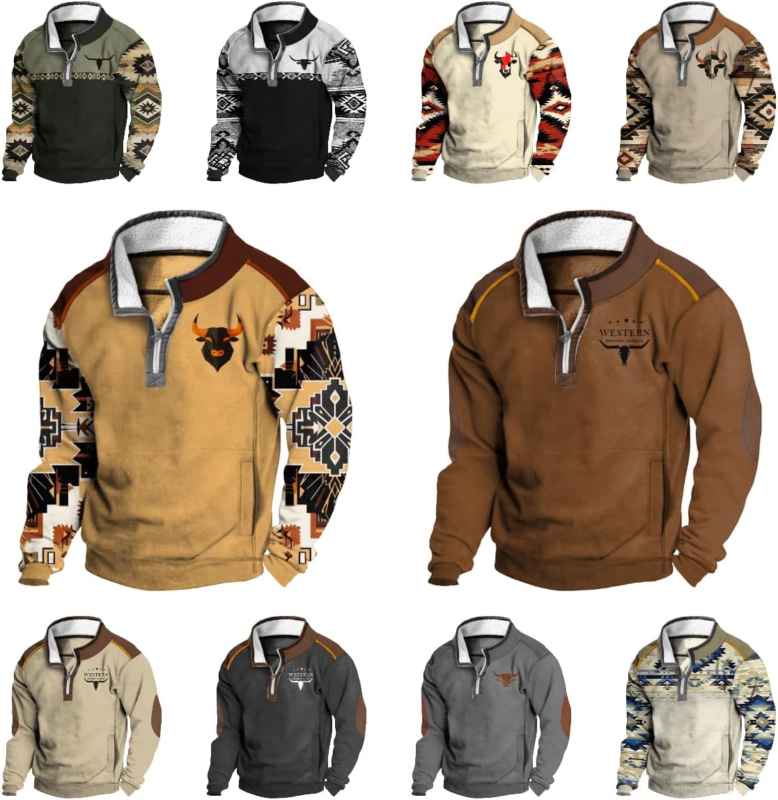 Western Hoodies For Men Aztec Ethnic Print 1/4 Zip Crewneck Fleece Pullover Vintage Sweatshirt With Pockets - Image 5