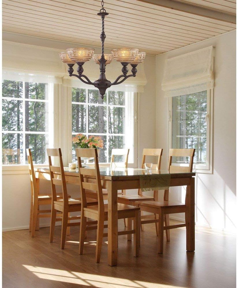 Elk Home Norwich 5-Light Chandelier - 28-Inch Oiled Bronze Ceiling Light with Amber Restoration Glass Shades, Traditional Old-World Style for Dining Room, Foyer, Living Room, Great Room