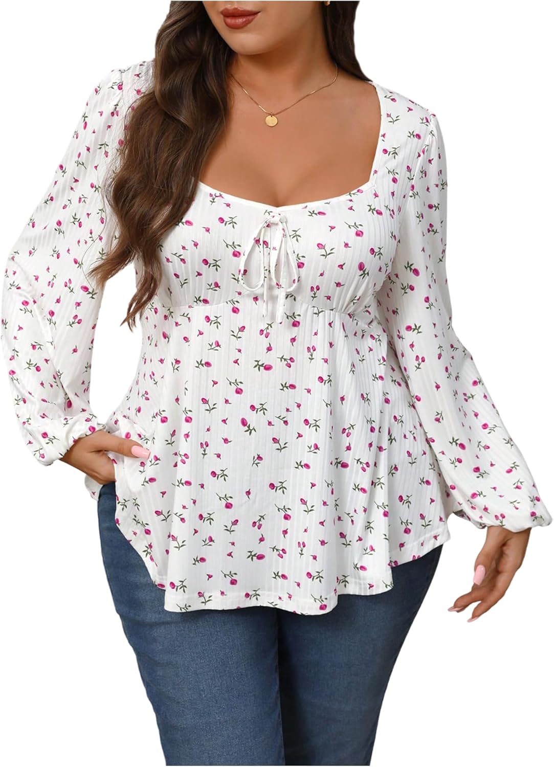 SOLY HUX Women's Plus Size Floral Peplum Tops Square Neck Long Sleeve Tie Front Ruffle Hem Tee Fall T Shirt
