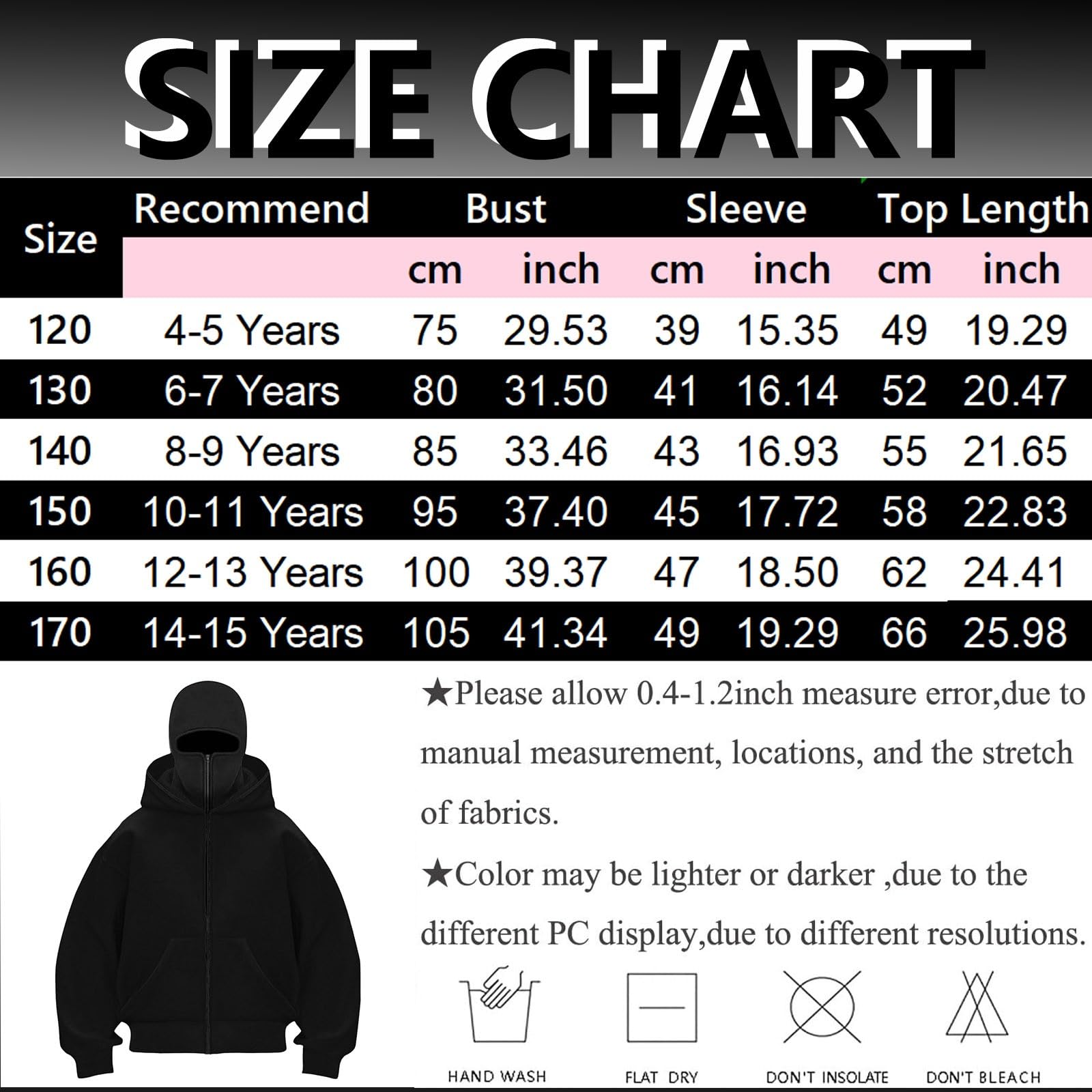 Unisex Kinder Sturmhaube Balaclava Zip Hoodie Mädchen Jungen Reißverschluss Hoodies mit Gesichtsmaske Leichte Jacke mit Durchgehendem Jacken Langarm Neuheit Athletic Sweatshirts Winddicht