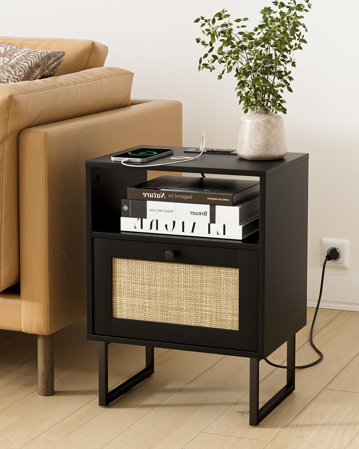 Rattan Nightstand with Charging Station, Mid Century Modern Night Stand,Boho Farmhouse Wood Bedside Table with Storage and Open Shelf, End Side Accent Table for Bedroom,Living Room,Black