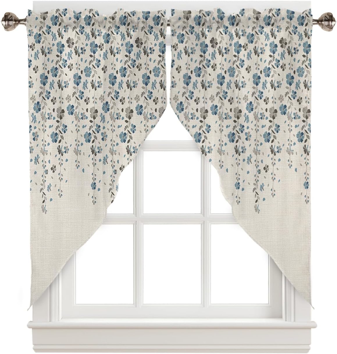 Floral Swag Valance Curtains Flower Blue Grey Cherry Blossoms White Background Rod Pocket Kitchen Curtains Scalloped Window Treatment Valances Swag Curtains for Living Room, 1 Pair, 36"W x 36"L