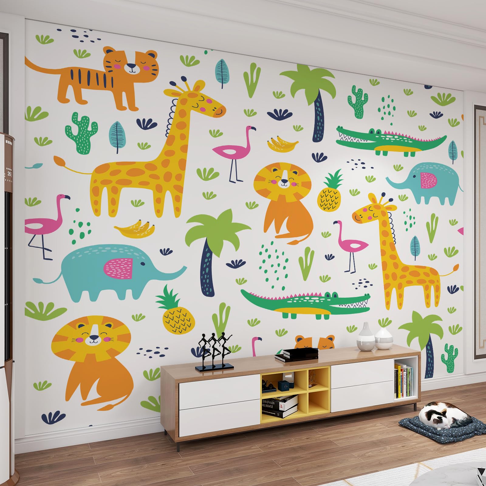 Papier Peint Mural 3D Lion Girafe Autocollant Mural Jungle Vert pour Bureau