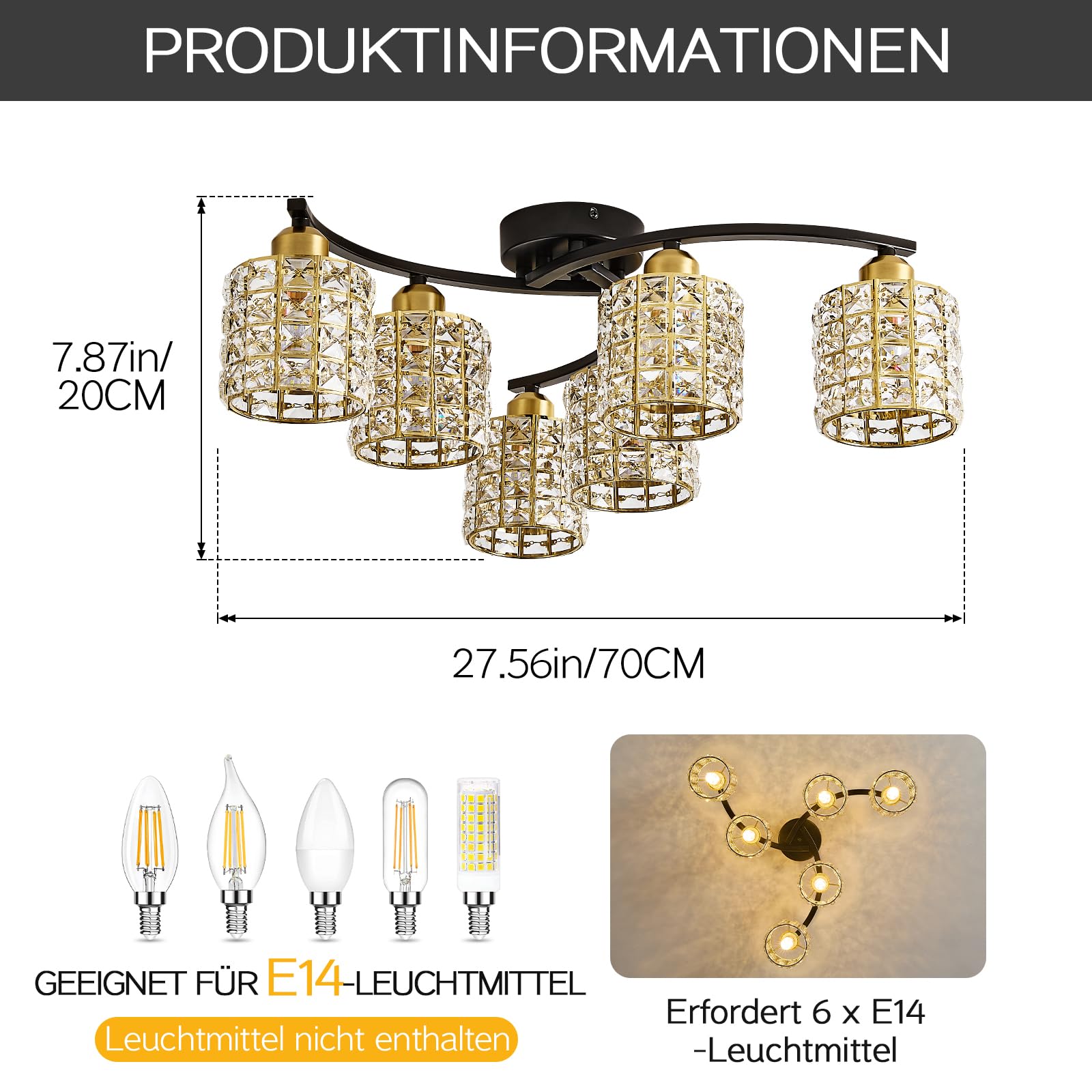 Moderne Kristall Deckenleuchte Schwarze und Gold Vintage Deckenlampe 6-Lichter Design Luxus K9 Kristall Kronleuchter für Schlafzimmer Wohnzimmer Esszimme