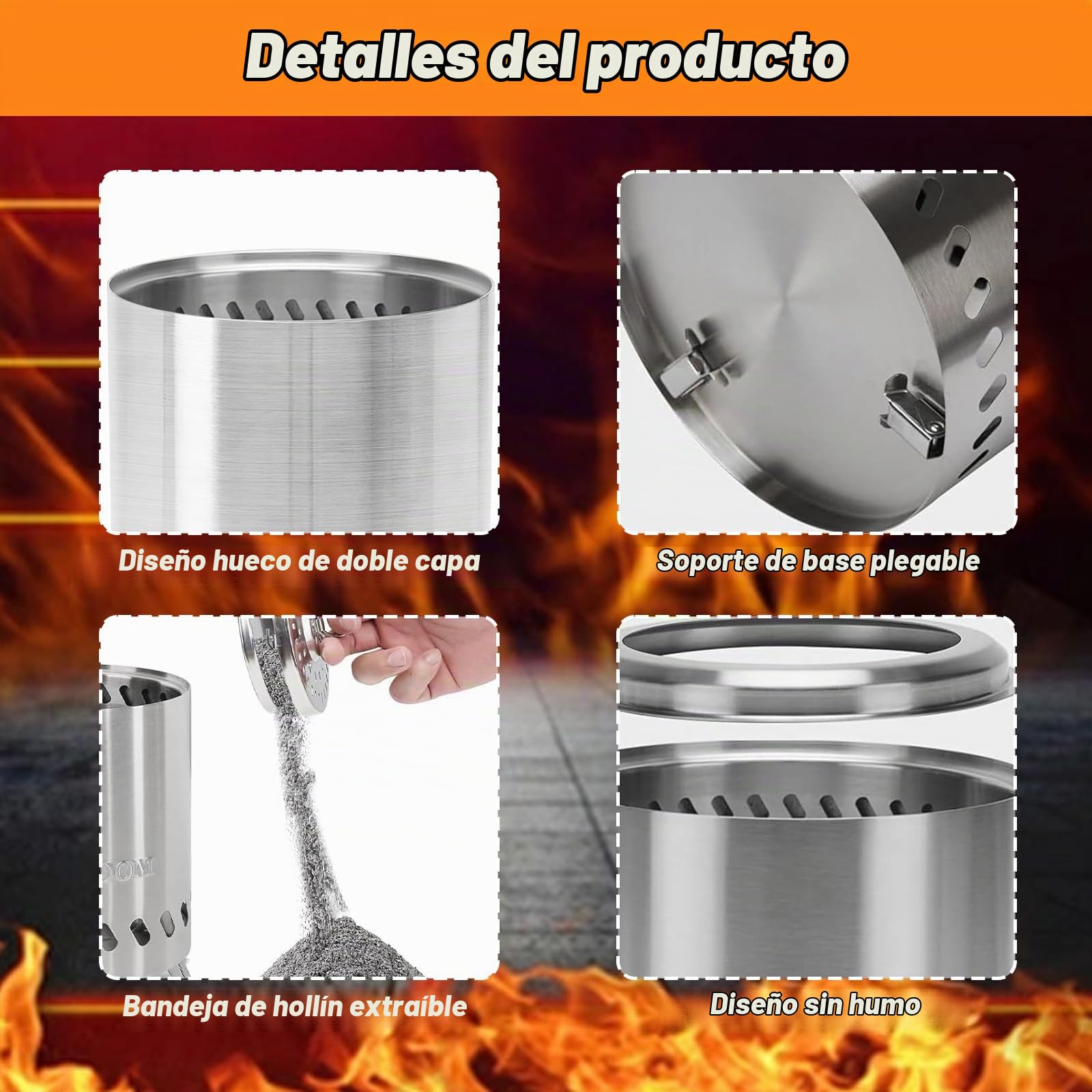 Brasero Sin Humo con Soporte & Bolsa Almacenamiento, Chimenea Mesa Acero Inoxidable, Hoguera Barbacoa para Madera,Pellets,Barril Fuego Portátil para Exteriores,Camping,Decoración Jardín,Terraza,Balcón