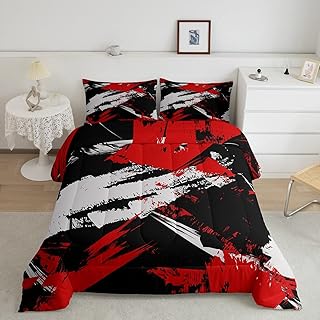 jejeloiu Geometric Abstract Bedding Set Kids Geometry Strip Comforter Set Modern Comforter for Boys Room Decor Lightweight Retro Art Red Black Grey Duvet Set Full Size