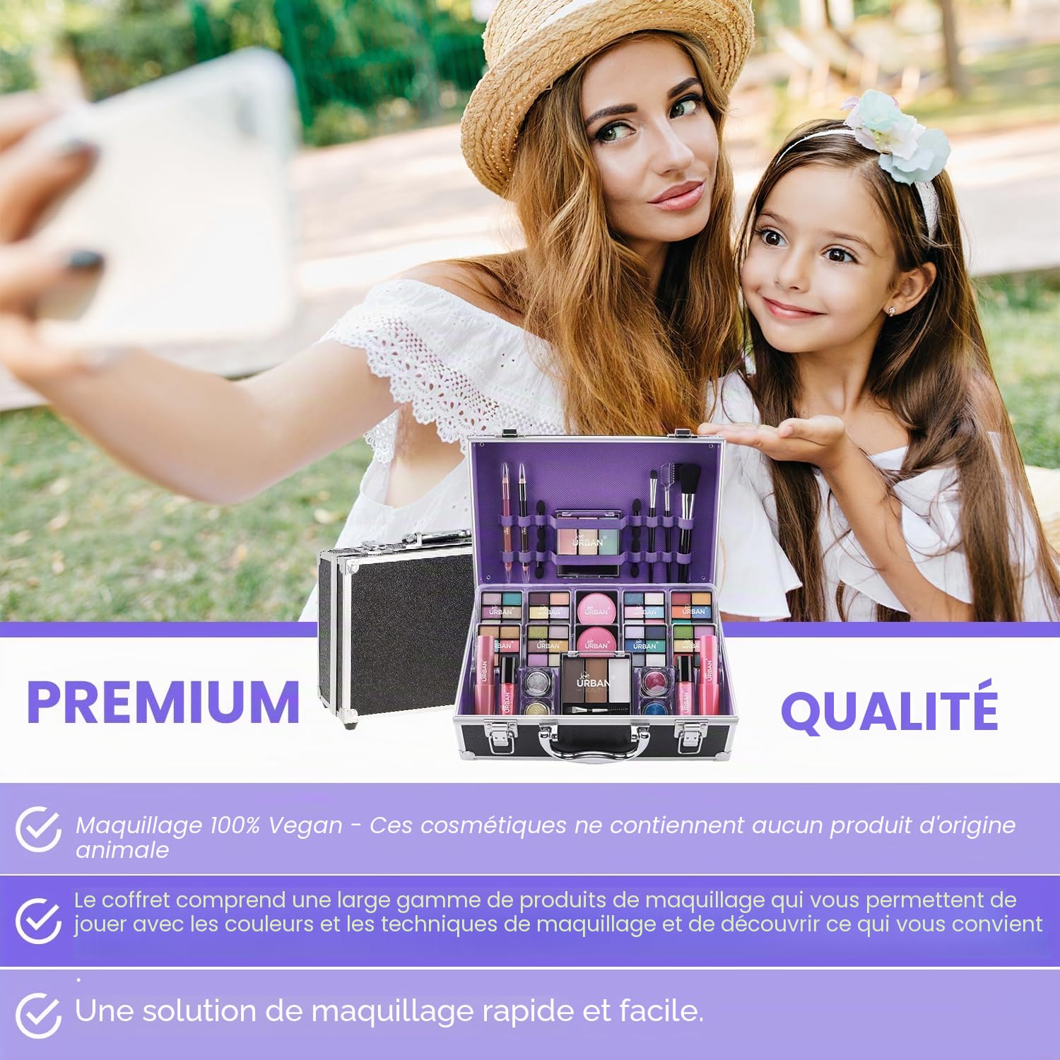 Bliss Trousse de produits de Maquillage Végan - Valise de Maquillage Complète avec Fard à Paupières et à Joues, Rouge à Lèvres, Cire et Poudre à Sourcils, pinceau – Organiseur avec Cadre en Aluminium