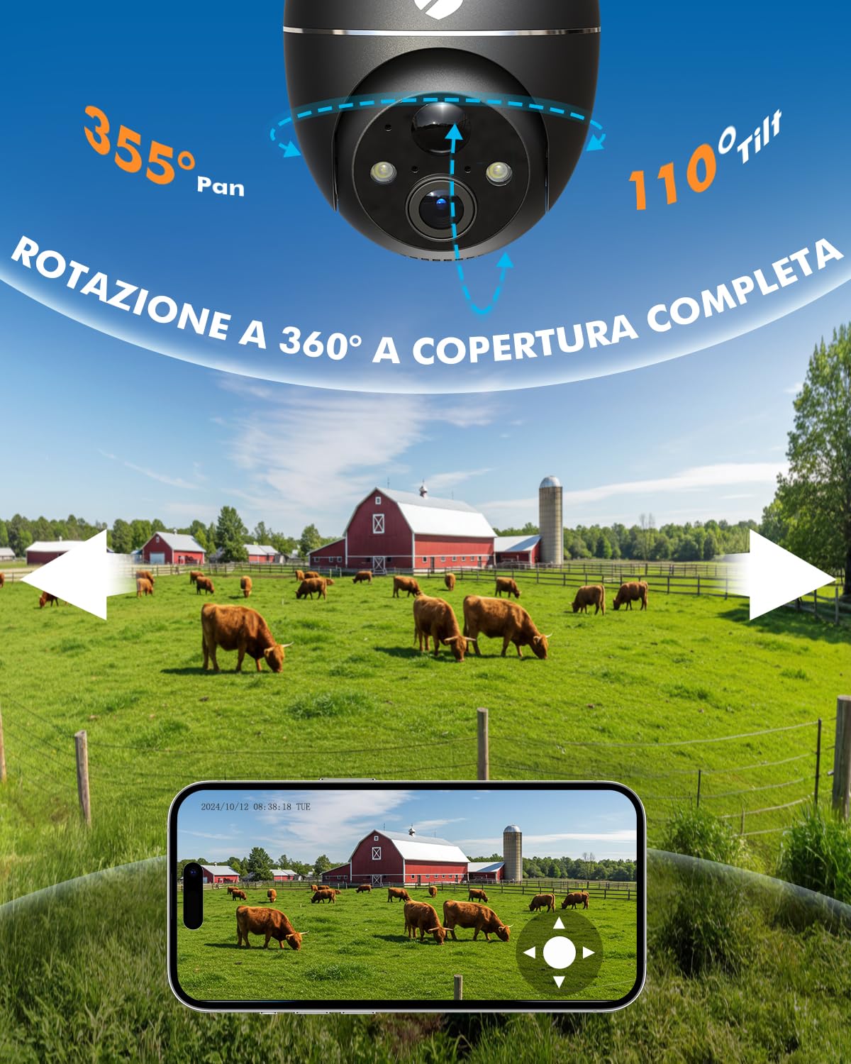 4G LTE Telecamera Esterno con SIM e Pannello Solare, 2K 360° PTZ Telecamere Senza Fili con Batterie, IP66 Impermeabile,Visione Notturna a Colori, Rilevamento Movimento,Senza WiFi