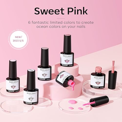 Miniatura 5 de Modelones Juego de 6 esmaltes de uñas en gel, rosa claro, intenso y piel, transparente, blanco, primavera, con delineador para arte, semipermanente,