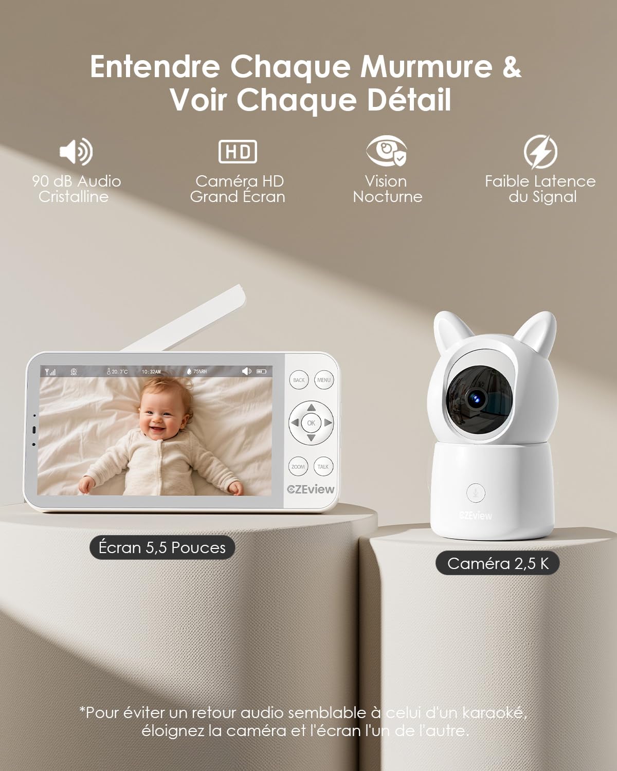 CZEview Babyphone Caméra 2.5K & Ultra Grand Moniteur HD 5,5", Qualité d'image au Top, 360°, APP, Veilleuse & Musique, Vision Nocturne, Caméra Bébé (Blanc (1 pièce)) | écran super clair, vision nocturne, audio bidirectionnel, berceuses, capteur temp., 360°