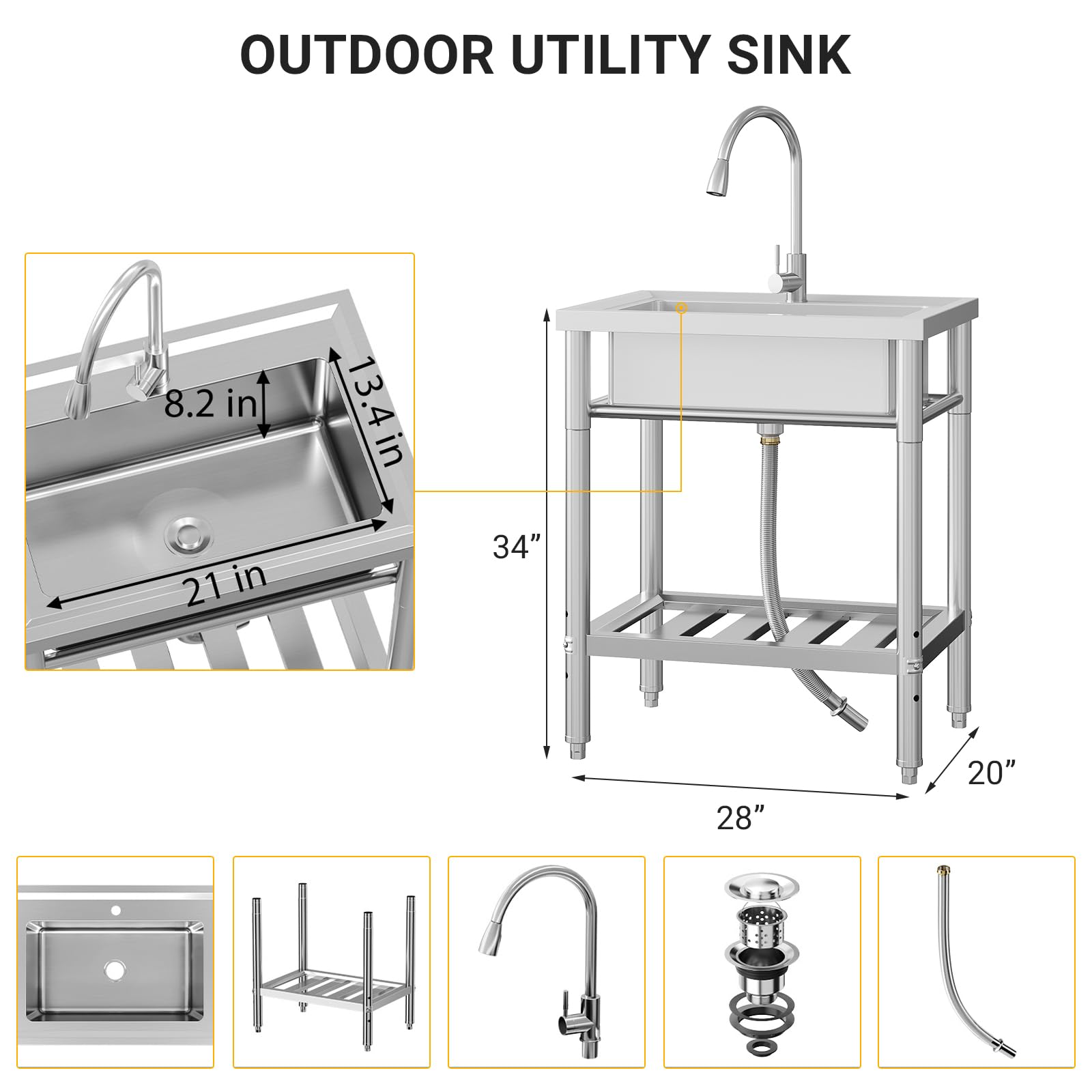 Garvee Évier Cuisine 1 Bac avec Établi, Évier Cuisine Acier Inoxydable sur Pied, Cuve avec Chaud/Froid Robinet, Égouttoir pour Cuisine, Restaurant, Garage, Buanderie (72 * 51 * 87 cm)