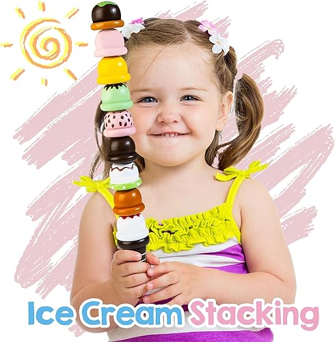 Miniatura 6 de Juguete de helado de madera para niños, 33 piezas de comida de juego de simulación para niños pequeños de 3 a 5 años, juguete portátil apilable,