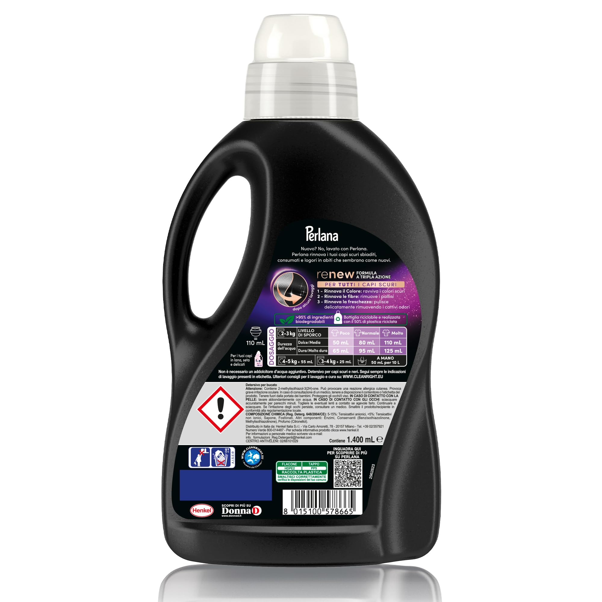 Perlana Detersivo Scuri e Neri (8 confezioni da 28 lavaggi), Detersivo lavatrice liquido per tutti i capi scuri, Detersivo capi neri per fibre rinnovate