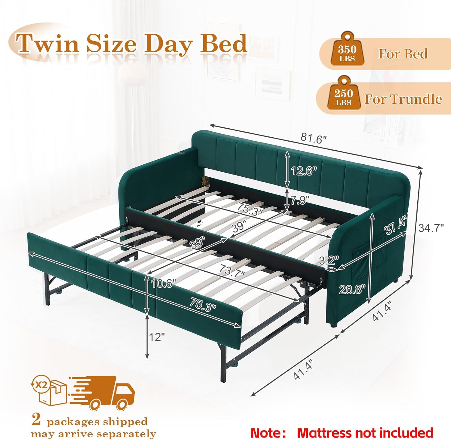 Twin to King Daybed with Pop Up Trundle, Velvet Upholstered Daybed Frame with USB Charging & Wood Slats, Modern Sleeper Sofa Bed for Adult Kid Room Bedroom Guest Room, No Box Spring Needed, Emerald