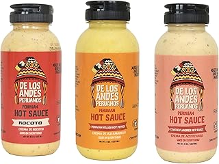 Aji de los Andes Peruanos Cremas de ají Variety pack 8.5 oz Enjoy these 3 delicious hot sauces created with all natural ingredients and no artificial flavors Small bach process of 150 units per lot to preserve quality and freshness. you will enjoy Peruvian Yellow Pepper , Rocoto Pepper and Limo Pepper on the Ceviche Flavored. (8.5, 1) Crema de aji amarillo, Crema de aji de Rocoto, Crema acevichada
