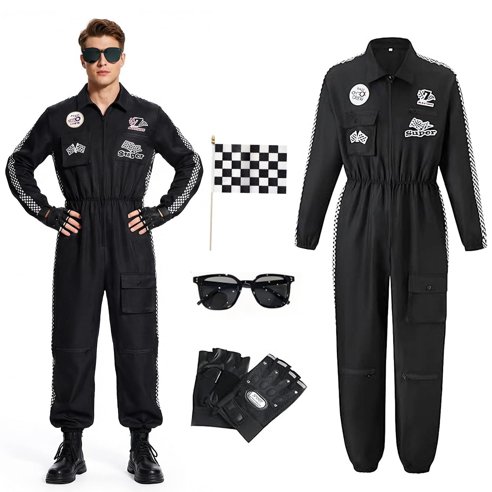 QJWBZ Rennfahrer KostüM Herren FüR Erwachsene: Racer Jumpsuit Anzug Mit Sonnenbrille Handschuhe Rennflagge Rollenspiel Rennwagenfahrer GruppenkostüM FüR Karnevals Halloween Cosplay Party