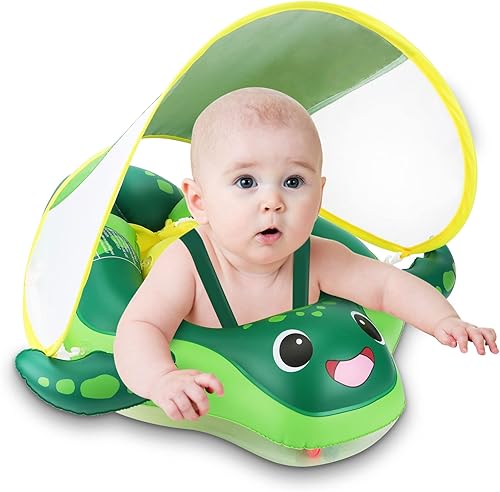 Miniatura 8 de Sloosh Baby Swimming Floats with Removable Sun Canopy, Inflatable Baby Pool Float, Sea Turtle Design Infant Baby Swim Float Ring Swimming Pool
