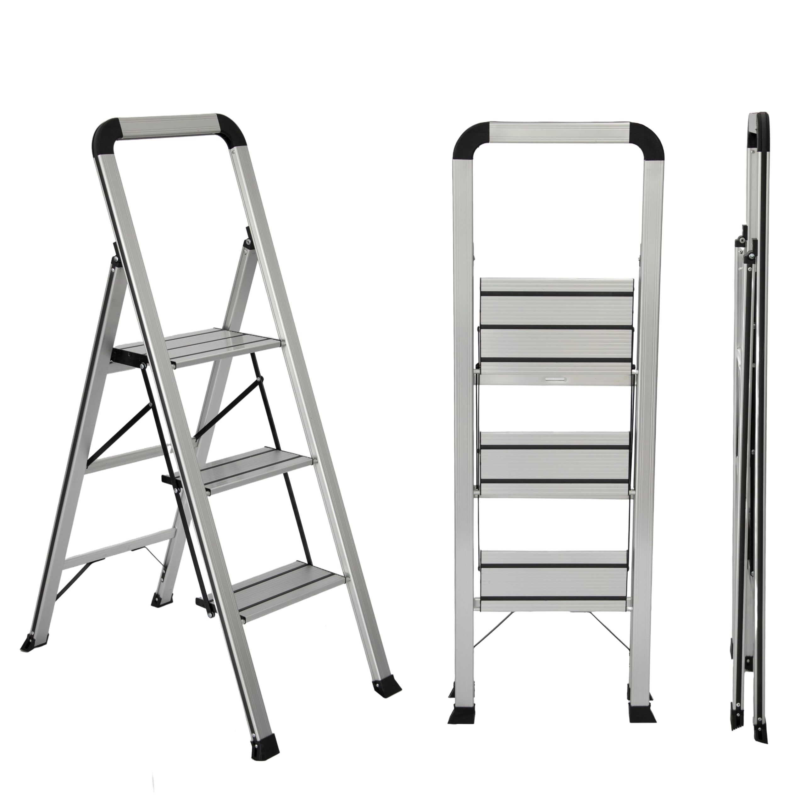 UZIRO Escalera 3 Peldaños, Escaleras Plegables de Aluminio Liviana, Decorativa, Peldaños Anchos Antideslizantes, Mecanismo Antiplegado, Compacta, Fácil de Guardar (3 Peldaños)