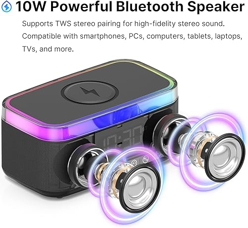 Miniatura 3 de S300 Altavoz Bluetooth portátil con carga inalámbrica rápida de 15 W, máquina de sonido de ruido blanco, reloj despertador digital, radio FM, luz