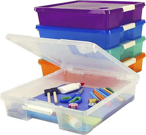 Storex Caja de proyectos de aula, organizador de plástico apilable para papel de álbum de recortes de 12 x 12 pulgadas, colores surtidos, paquete de