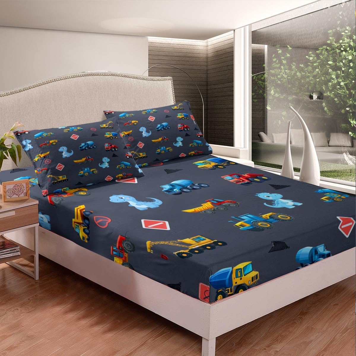 Kids Car Bed Sheet Set for Boys,Toddler Bedding Cartoon Truck Fitted Sheet Set Full 4 pcs,Watercolor Construction Vehicles Bed Sheet Set with Deep Pocket Fitted Sheet + Flat Sheet + 2 Pillowcases