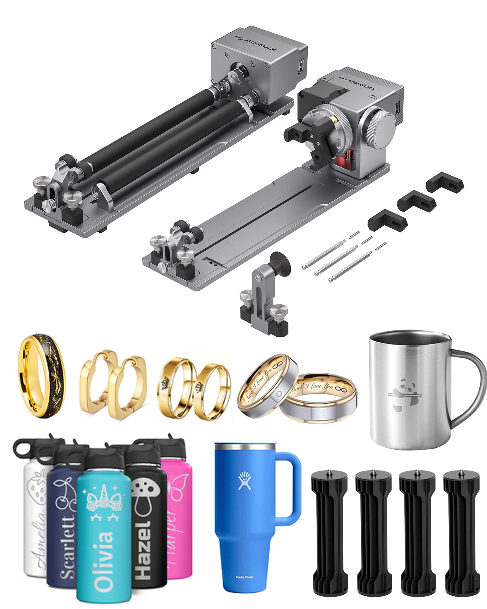 AtomStack Swift 12W Graveur Laser avec R8 Pro Kit Rotatif 2-en-1 (Rouleau & Mandrin), Idéal pour la Gravure de Bagues, Sphères, Tasses et Objets Longs (1m), Machine Polyvalente