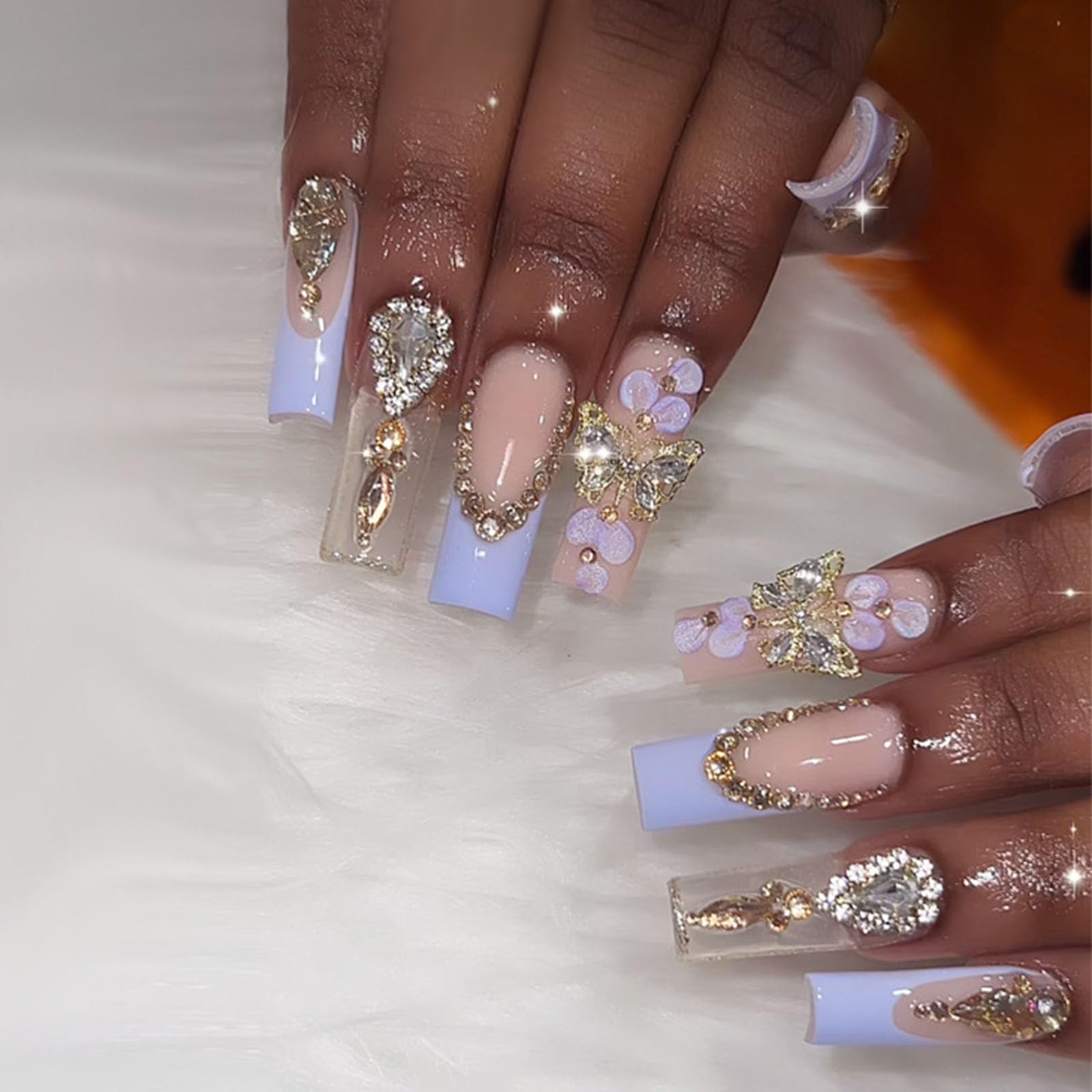 IMRAIN Press on Nails Long Square Fake Nails Purple French Tips False Nails Sparkling Rhinestone& Butterfly Designs Full Cover Glue Stick on Nails for
