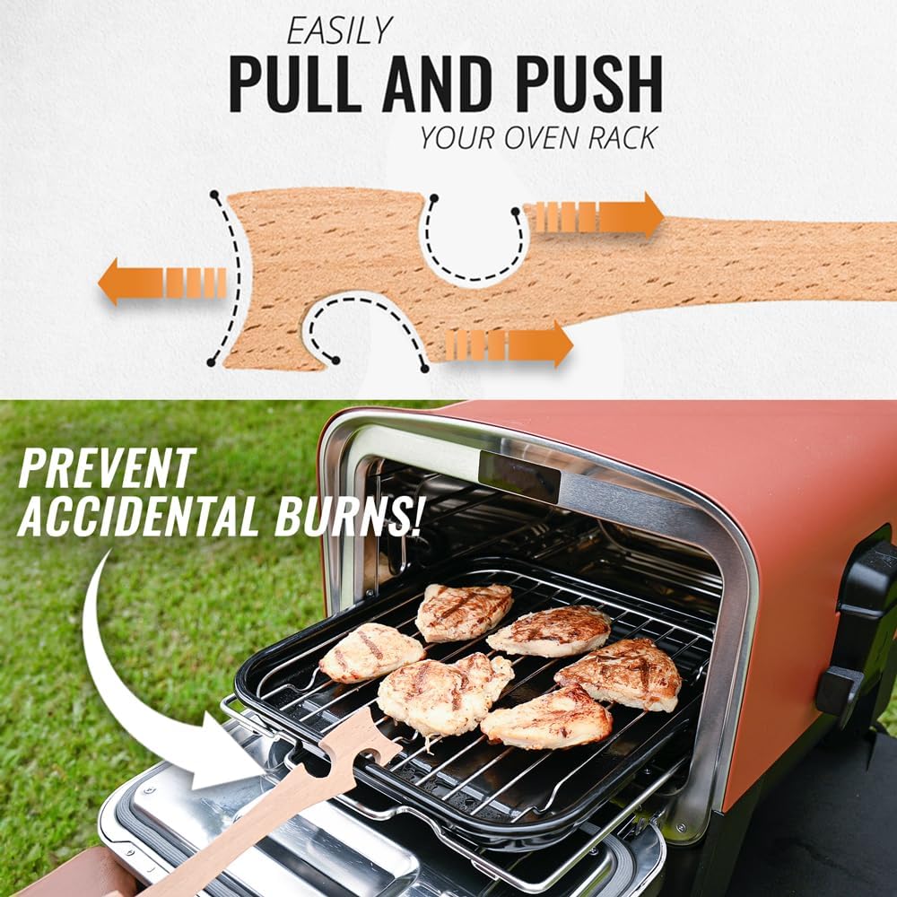 Diagram showing how to use the wooden rack puller to push and pull an oven rack, and a photo of the puller being used to pull a hot rack from an outdoor oven.