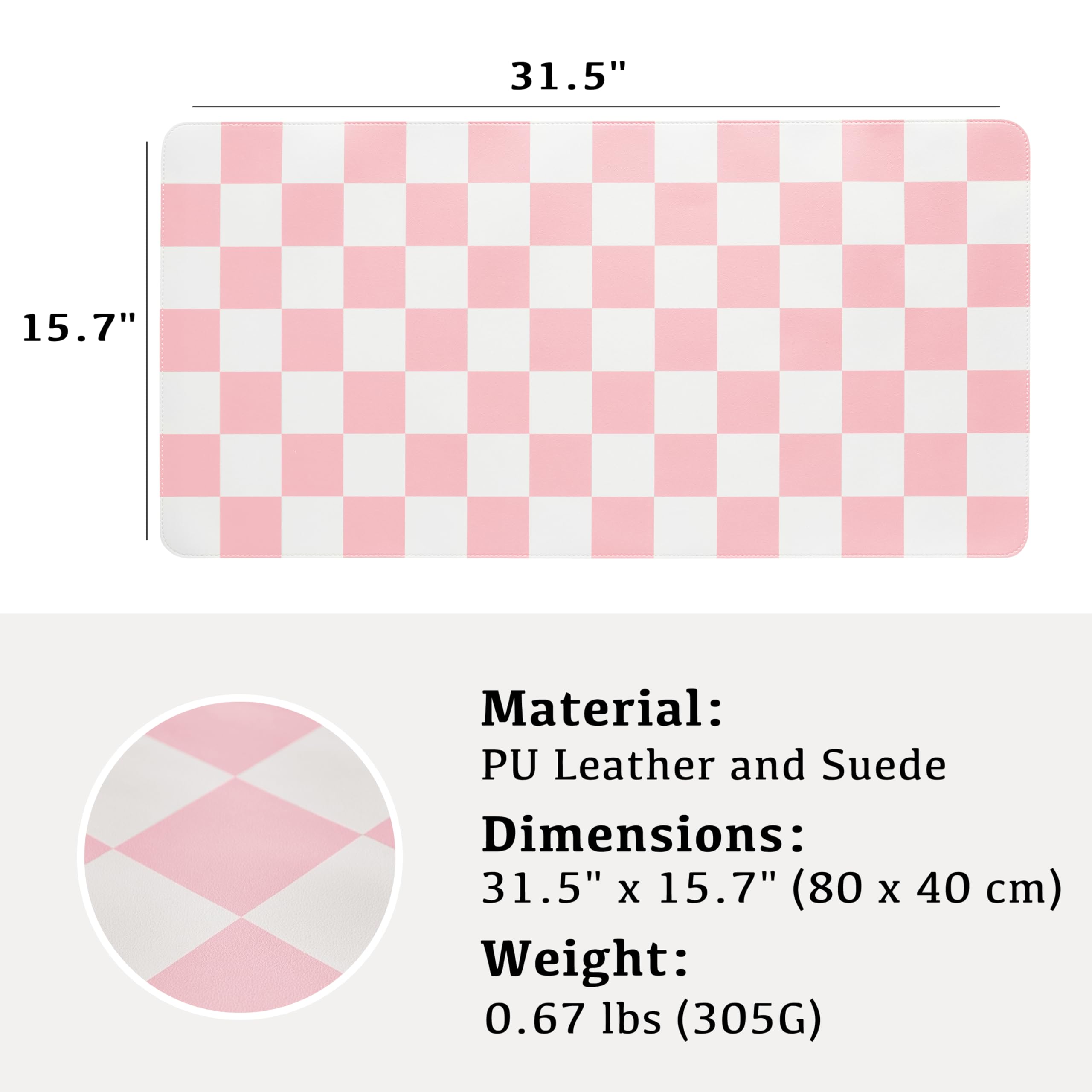 Ohocut Tappetino da scrivania a scacchi, grande, carino estetico retrò, in pelle PU, per computer portatile, antiscivolo, impermeabile, per scrivania per lavoro/casa (rosa, 80 x 40 cm)