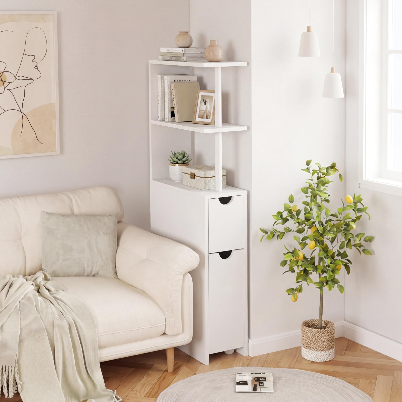 LIFEZEAL Meuble de Salle de Bain Étroit, Armoire de Rangement Haute avec Étagères Ouvertes et Tiroir sur roulettes, Meuble Colonne Autoportant pour Salon et Cuisine, Blanc, 45 × 20 × 114 CM