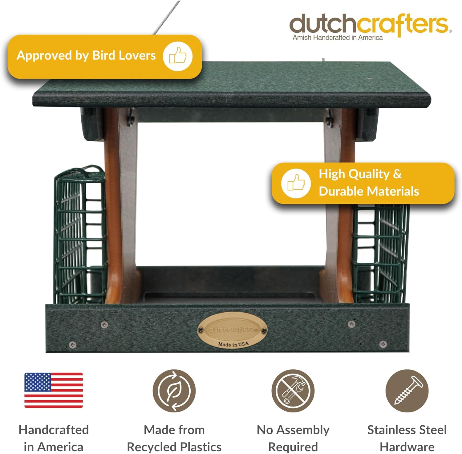 DutchCrafters Poly Hopper Bird Feeder with Suet Holder, Large Suet Feeder for Birds, Outdoor Hanging - Amish American Made (Turf Green & Cedar)