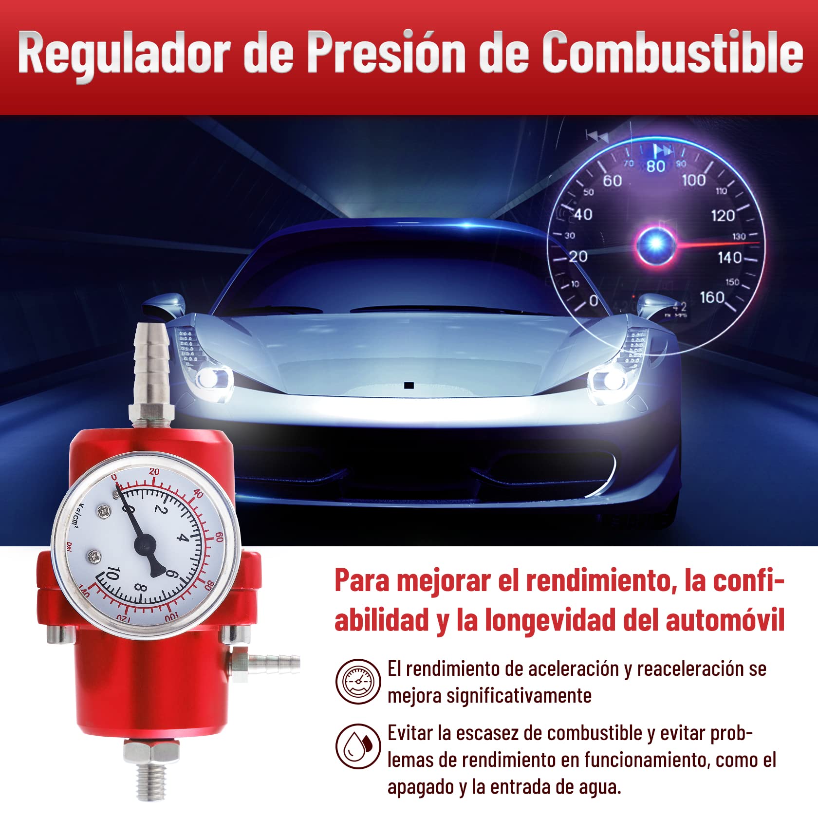 CarBole Regulador de presión de combustible para coche, 1-140 psi, regulador de presión de gasolina, aleación de aluminio con manómetro y manguera