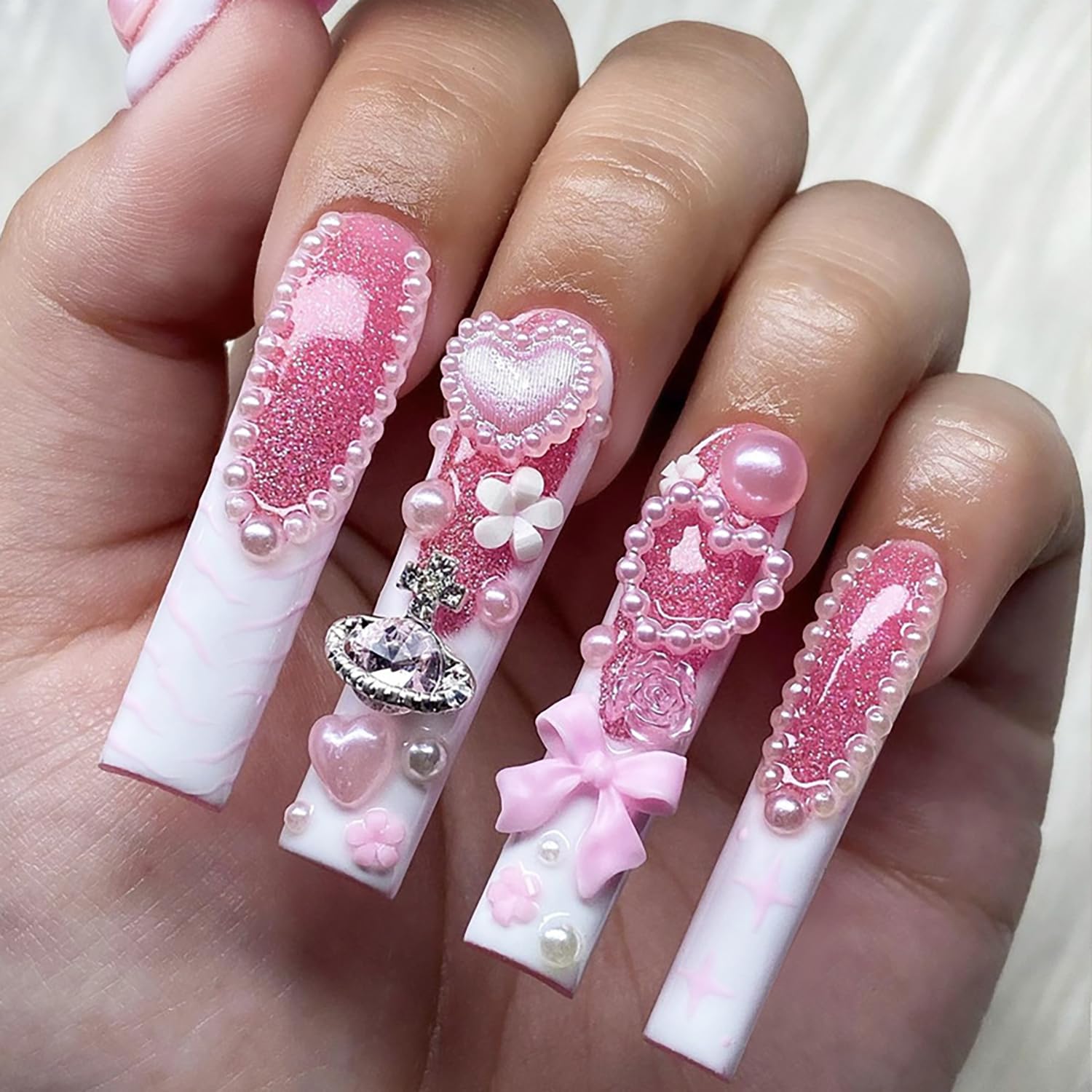 FOXIIU Press on Nails Long Coffin Shaped Glossy Full Cover Acrylic Long Length French False Nails with Designs Artificial Long Square Fake Nails with