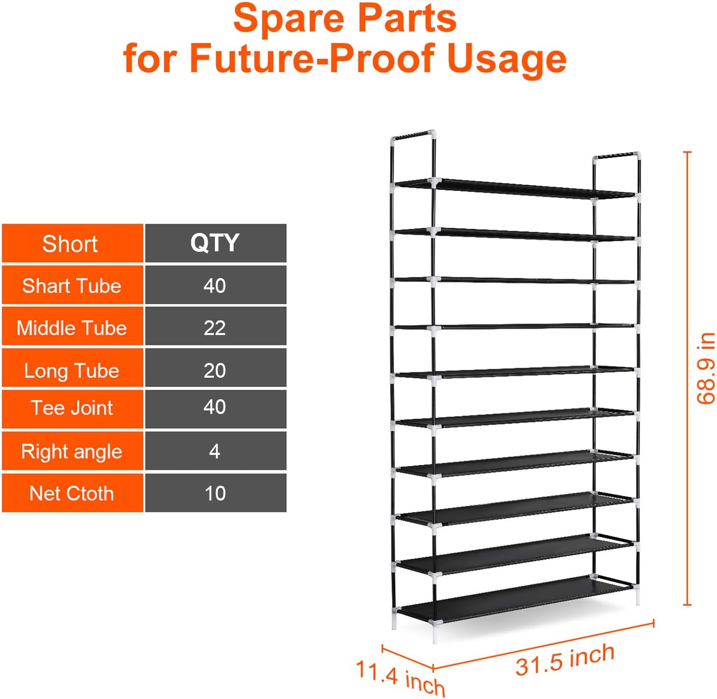 ERONE Shoe Rack Organizer, Tall Shoe Storage for Closets Non-Woven Fabric Metal Sturdy Shoe Shelf Tower Cabinet for Entryway (Black, 10 Tier)