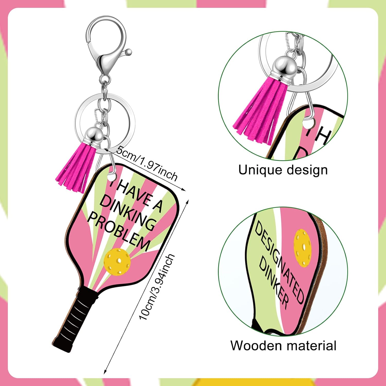 24 Pcs Dinkball Keychains for Women Men Dinkball Gifts Wooden Handmade Sports Keychains Inspirational Accessories for Sports Lovers Team Party Favors(Pink,Stylish) image 3