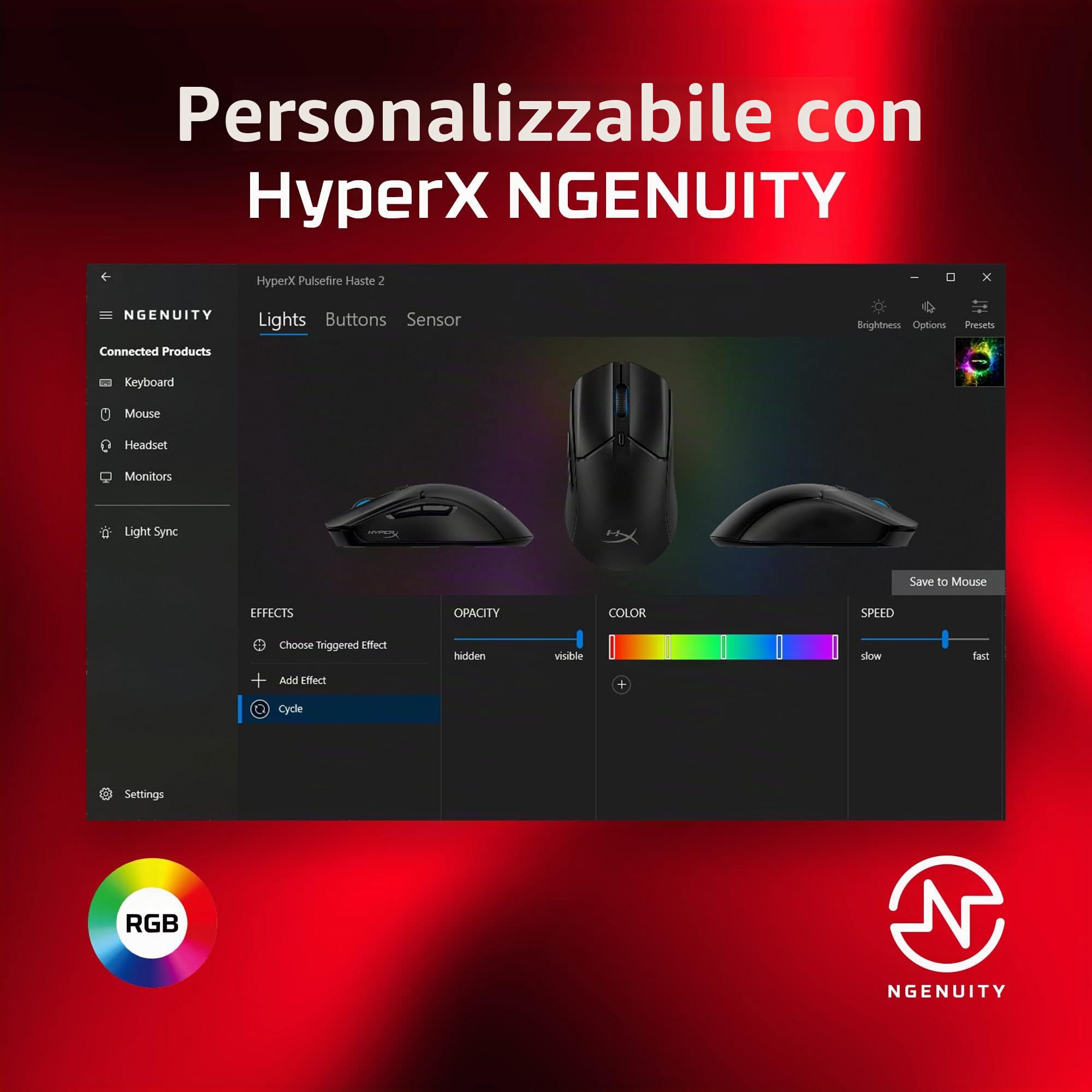 HyperX Pulsefire Haste 2, Mouse Gaming Cablato, Illuminazione RGB, 6 Tasti Programmabili, 26000 DPI, Resistenza fino a 100 Milioni di Clic, Cavo HyperFlex 2, Compatibile con Diverse Piattaforme, Nero
