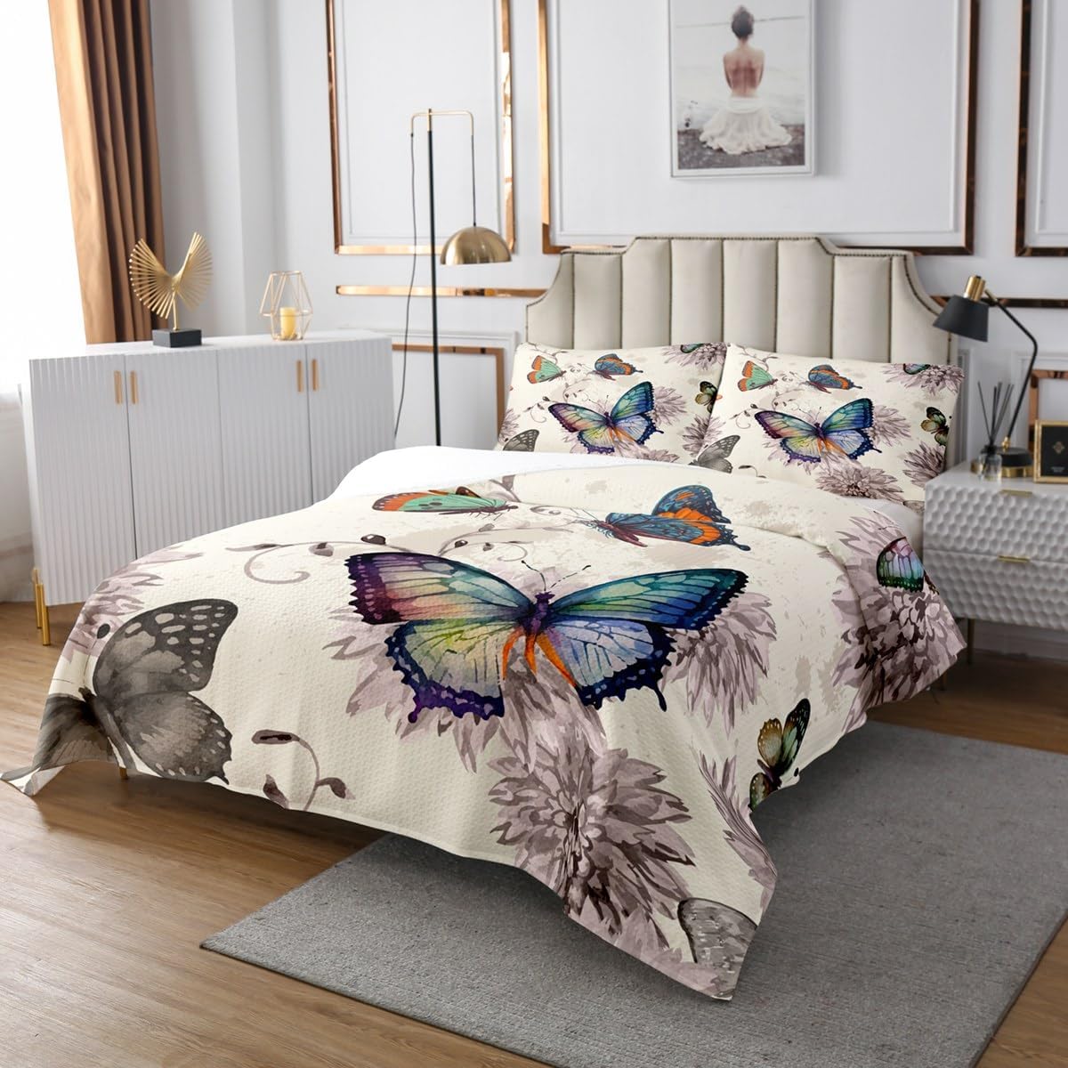 Erosebridal Butterfly Quilted Watercolor Flower Bedspread Queen Size for Women Girls Teens Colorful Butterfly Floral Coverlet Set Vintage Grunge Floral Quilt Set for Bedroom Decor