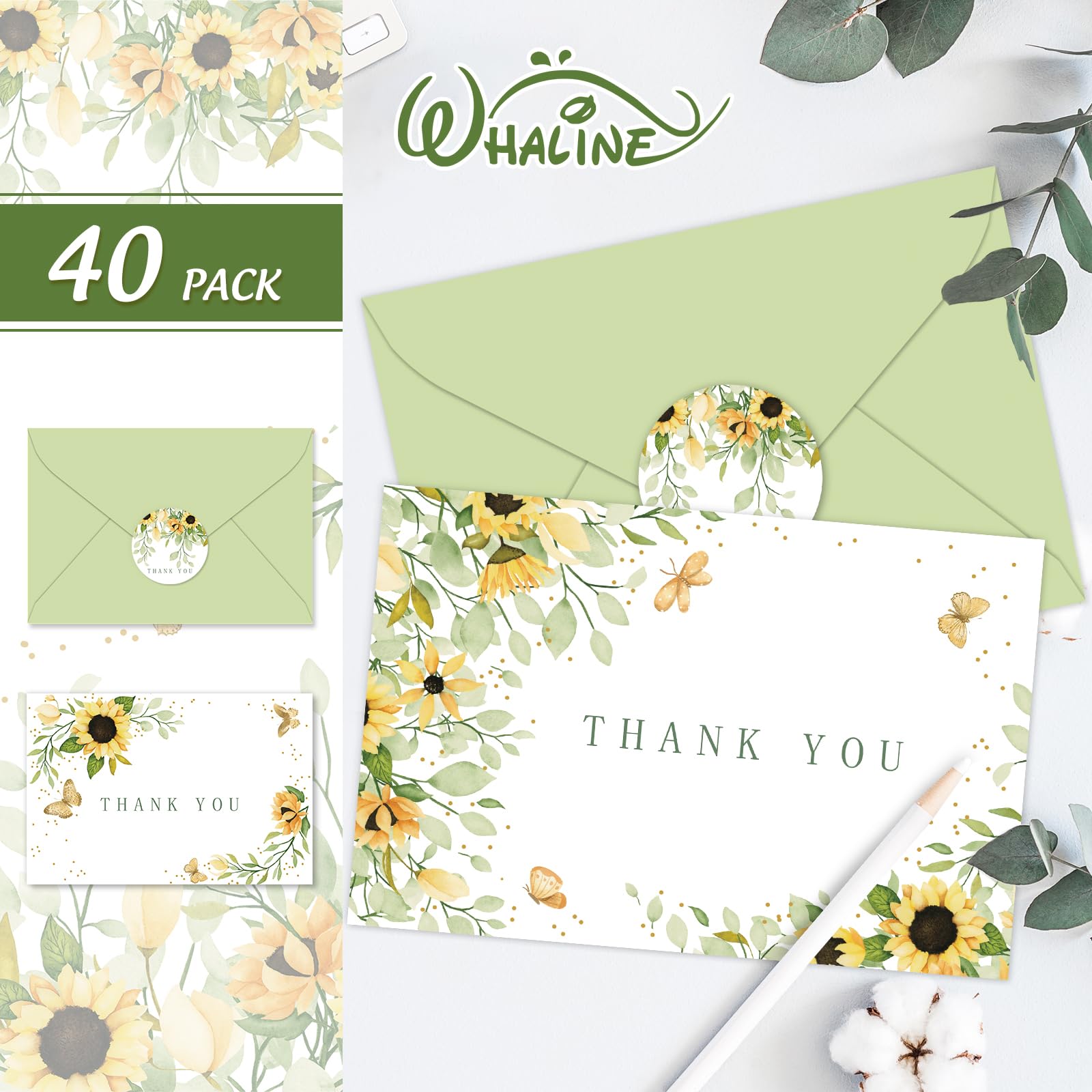 Whaline 40 Pack Sunflower Thank You Cards - Watercolor Floral Note Cards With Envelopes